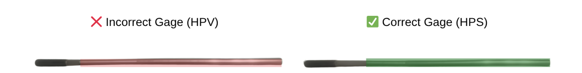 Incorrect HPV gage (red) vs correct HPS gage (green) — visually near-identical